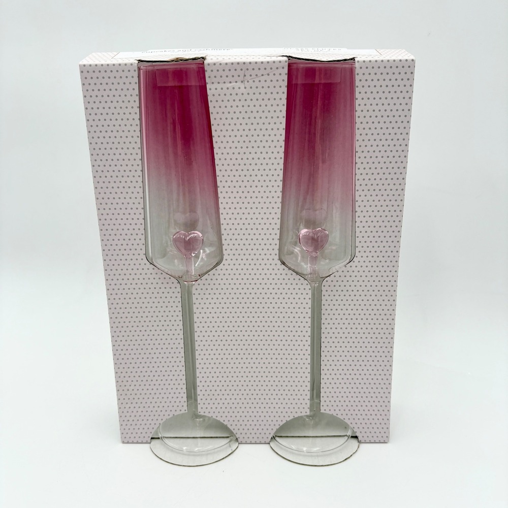 Cupcakes and Cashmere Glass Flutes Set of 2 Pink Heart Champagne